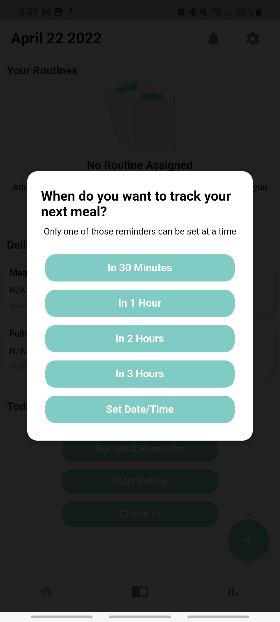 shutterbite app setting a reminder to track your meal