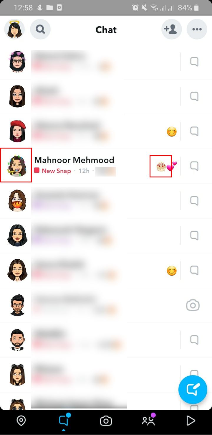 bitmoji and cake emoji highlighted on snapchat