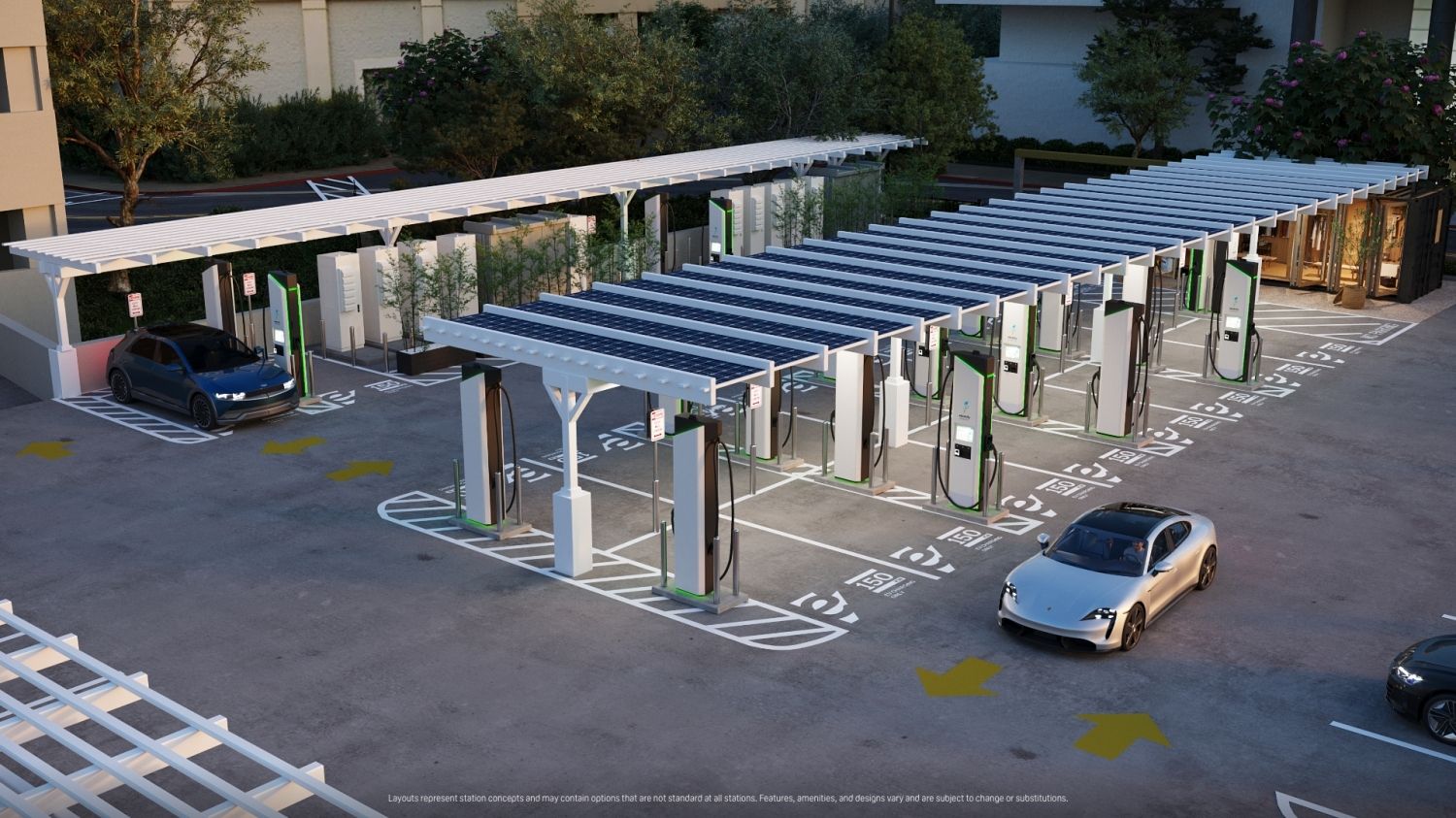 solar awnings on the future electrify america charging station