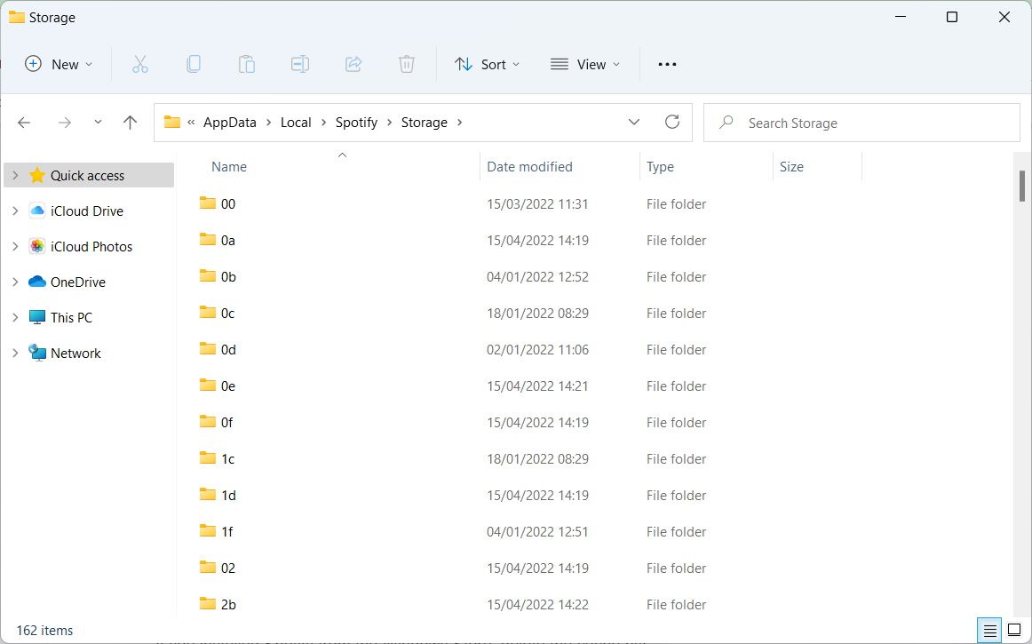 Spotify's 'Storage' folder on Windows 11.