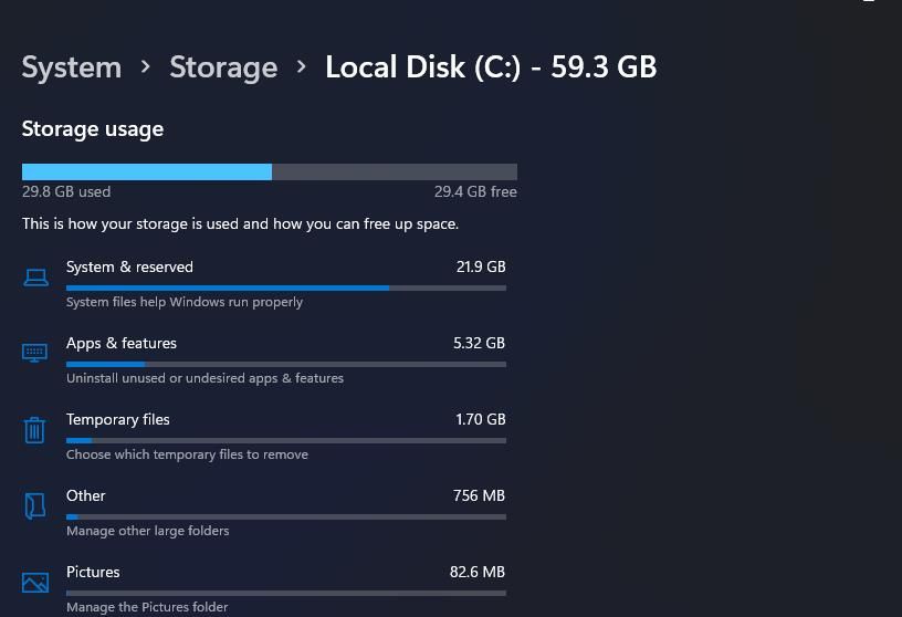 The local disk storage details in Settings