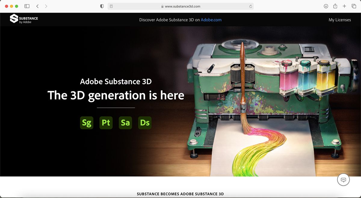 Substance 3D homepage with text titles and a 3D painting machine.