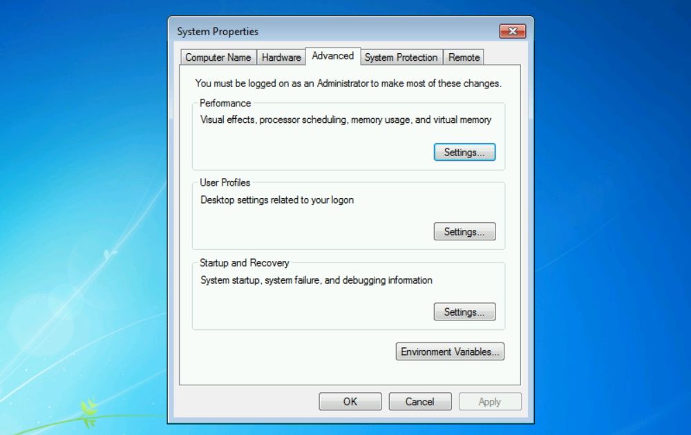 Advanced tab of System Properties in Windows 7.