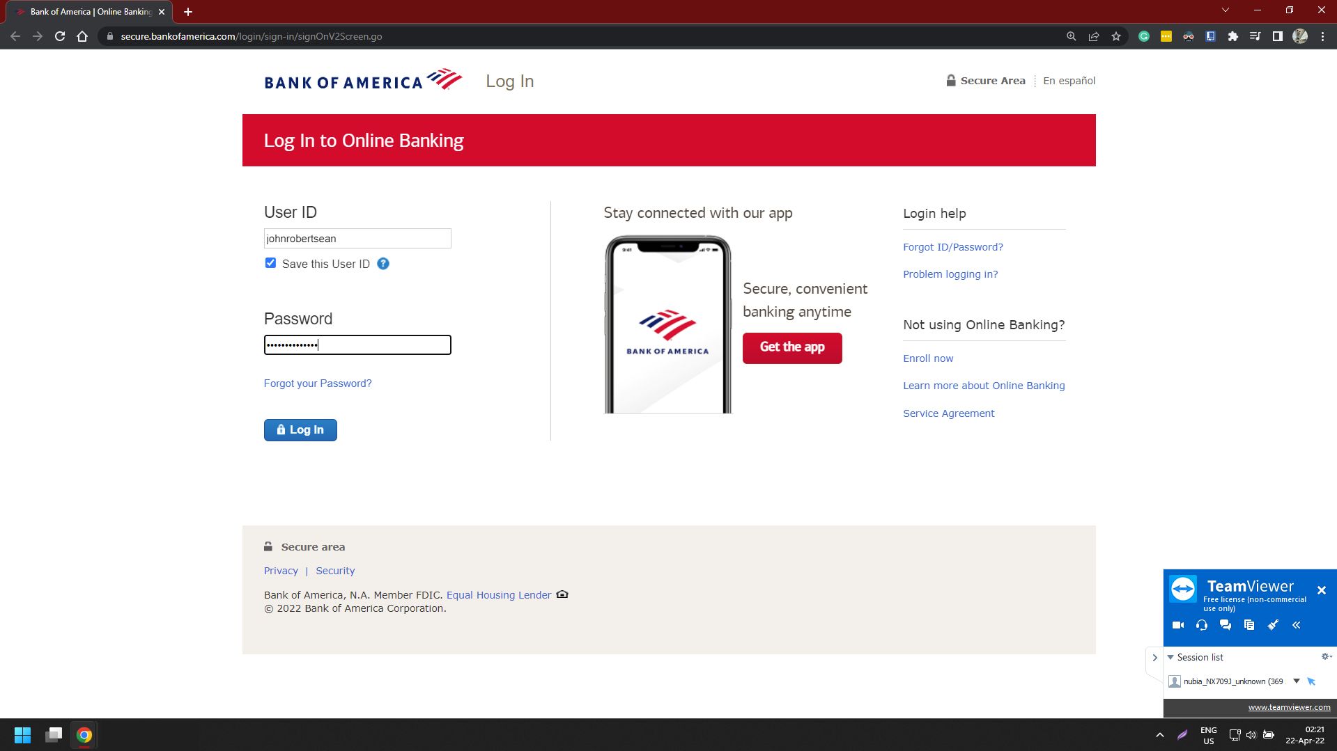 teamviewer remote control accessing the bank of america page