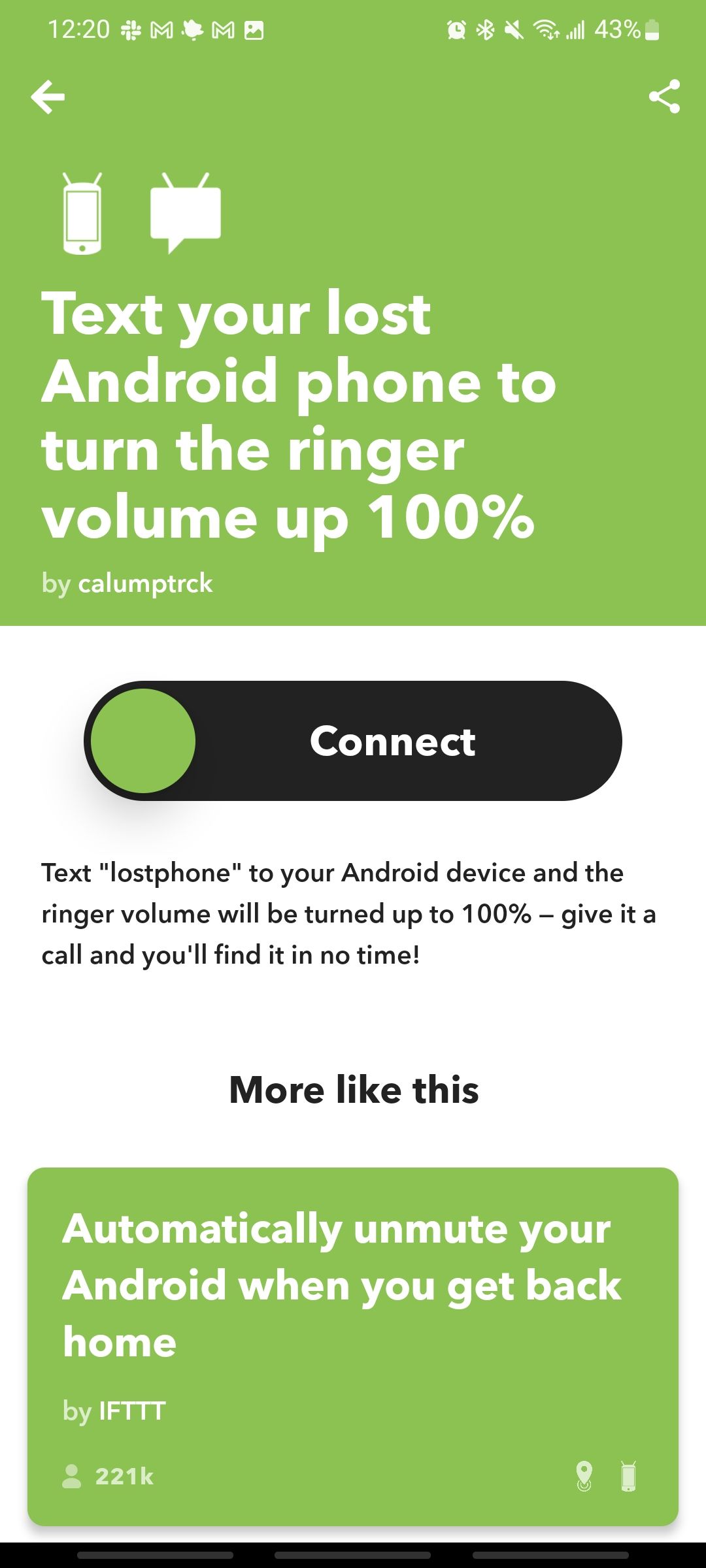 text your lost android phone to turn the ringer volume up to 100 percent applet on ifttt