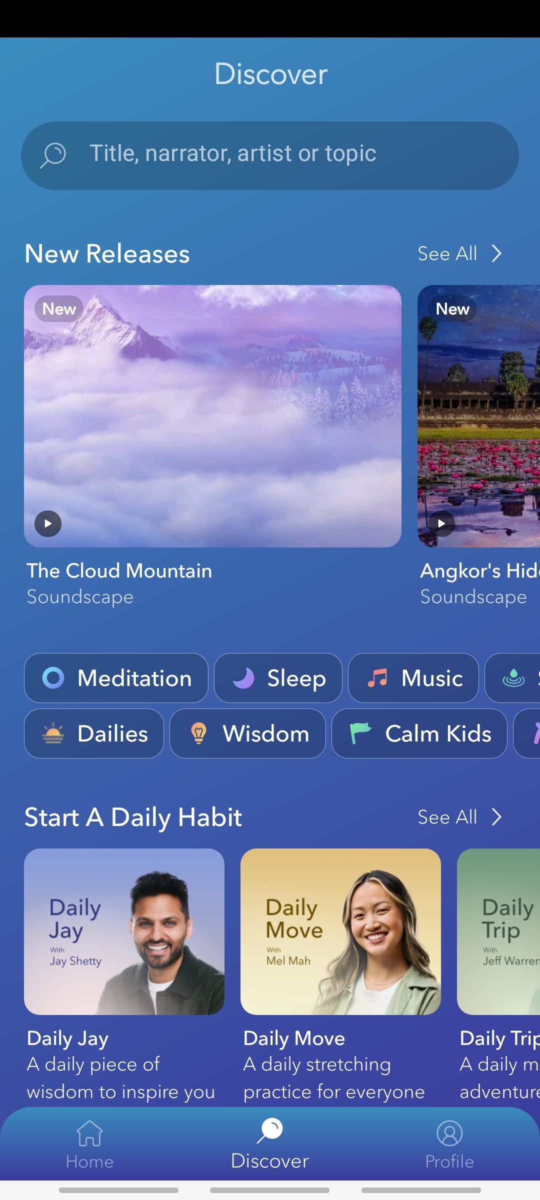 the discover tab on the calm app showing different podcasts and soundscapes