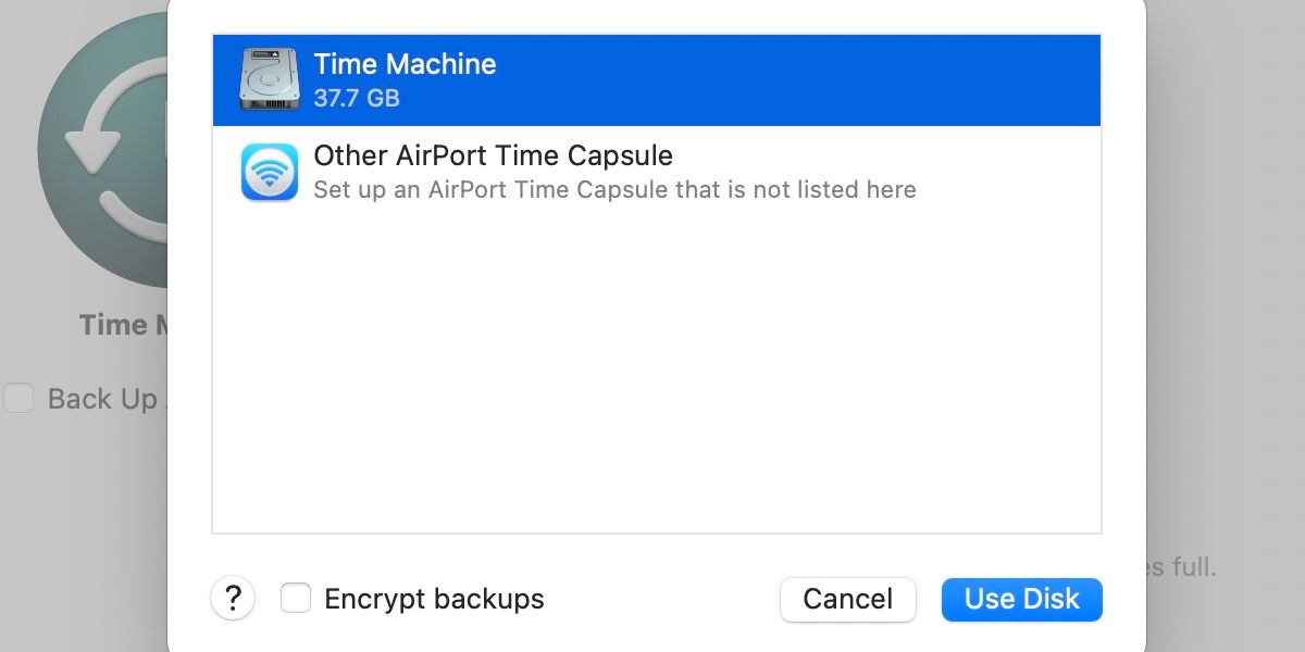 Time Machine select disk screen with internal drive selected