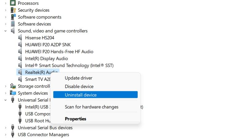 Menghapus instalan perangkat audio di Windows 11.