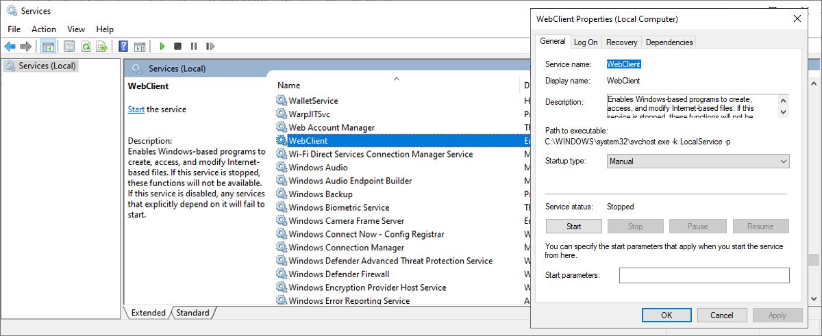 Windows 10 services menu.