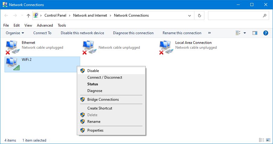 windows 10 disable network connection
