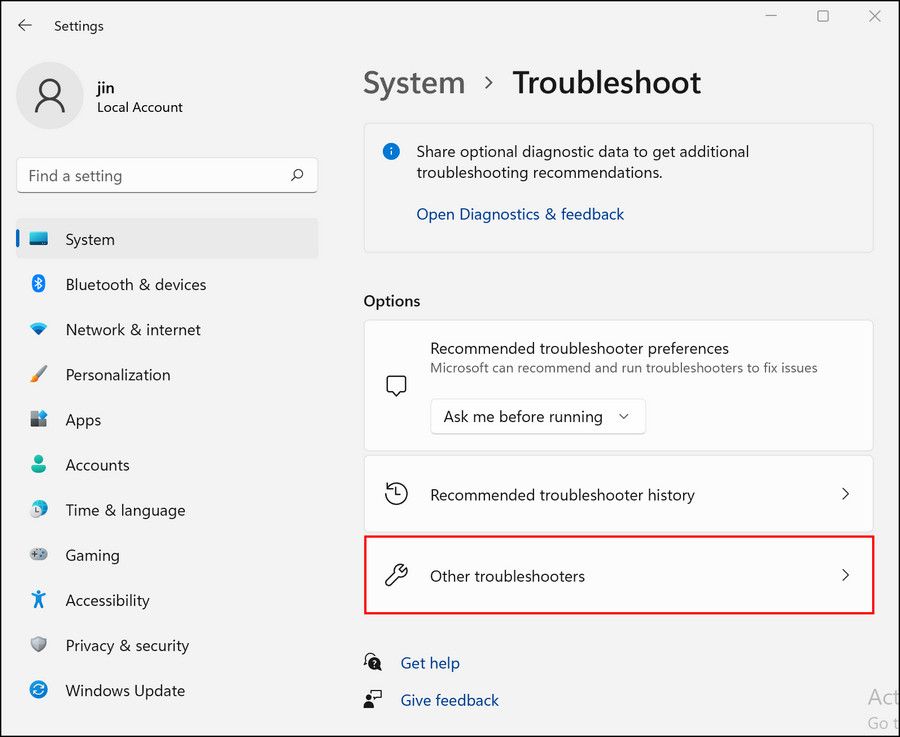 Other troubleshooter in Windows