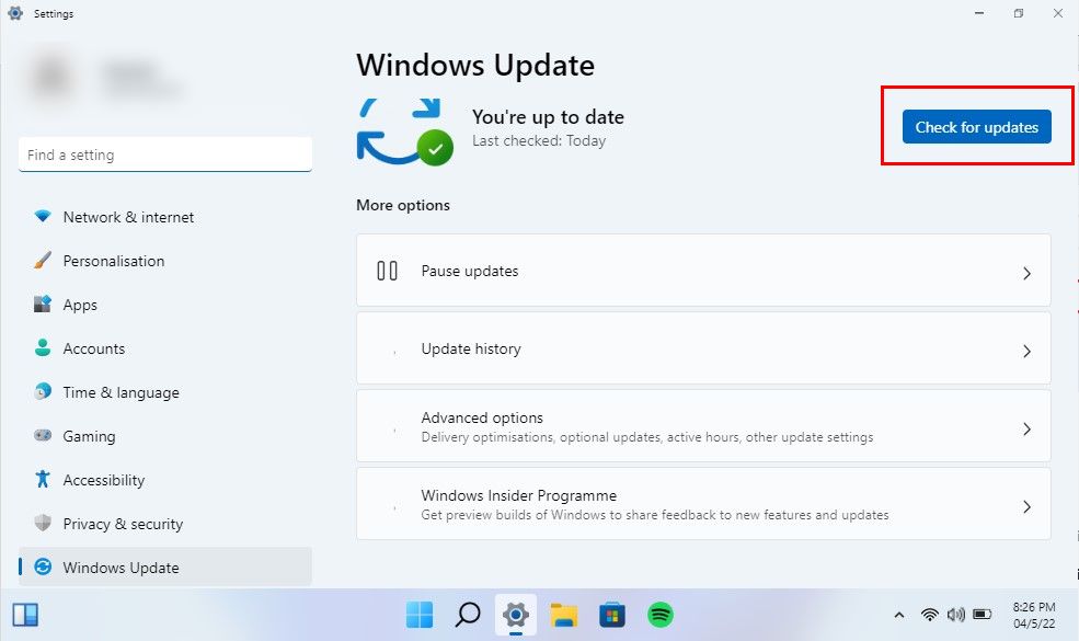 "Check for updates" highlighted in Windows Update