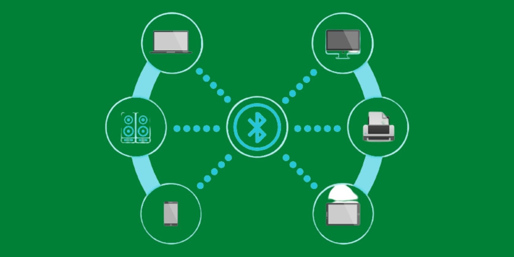 Different devices surrounding the Bluetooth symbol over a green background.