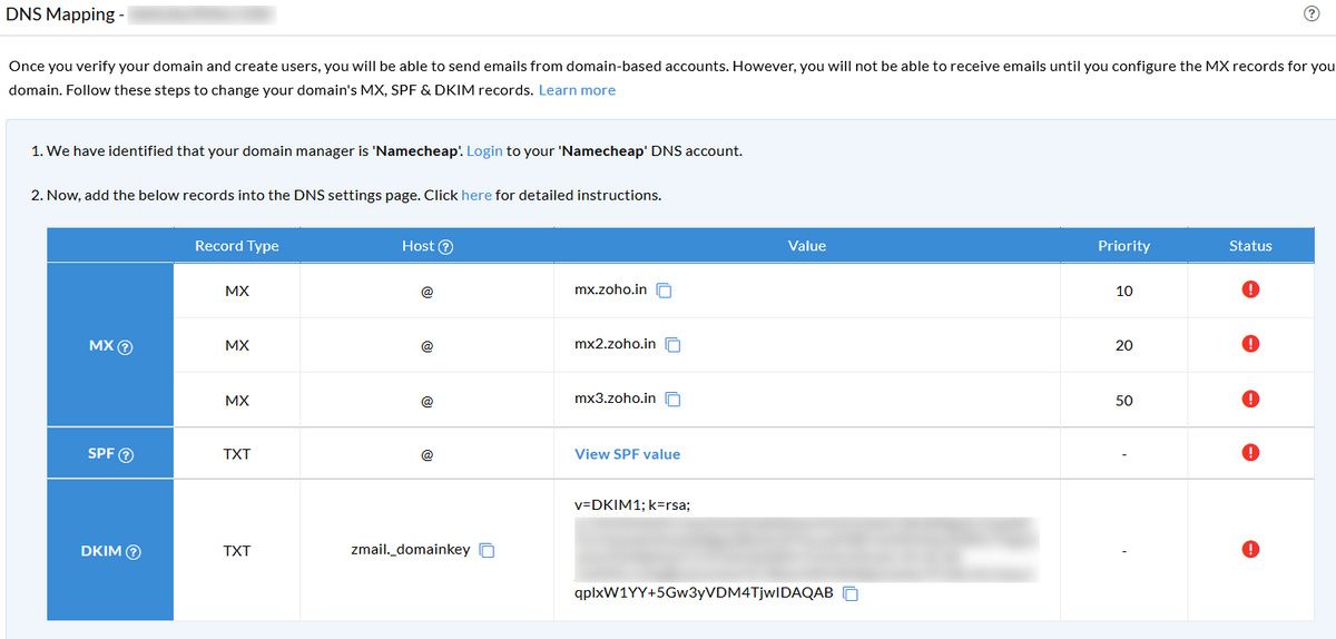 دستورالعمل های zoho برای رکوردهای mx spf و dkim