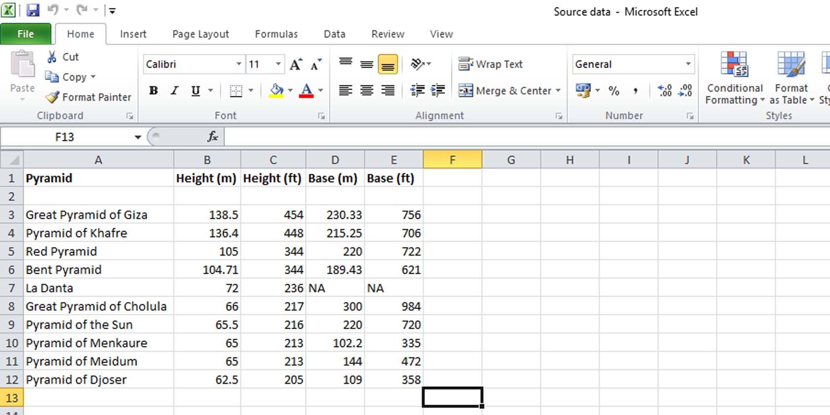 Microsoft Excel data source file