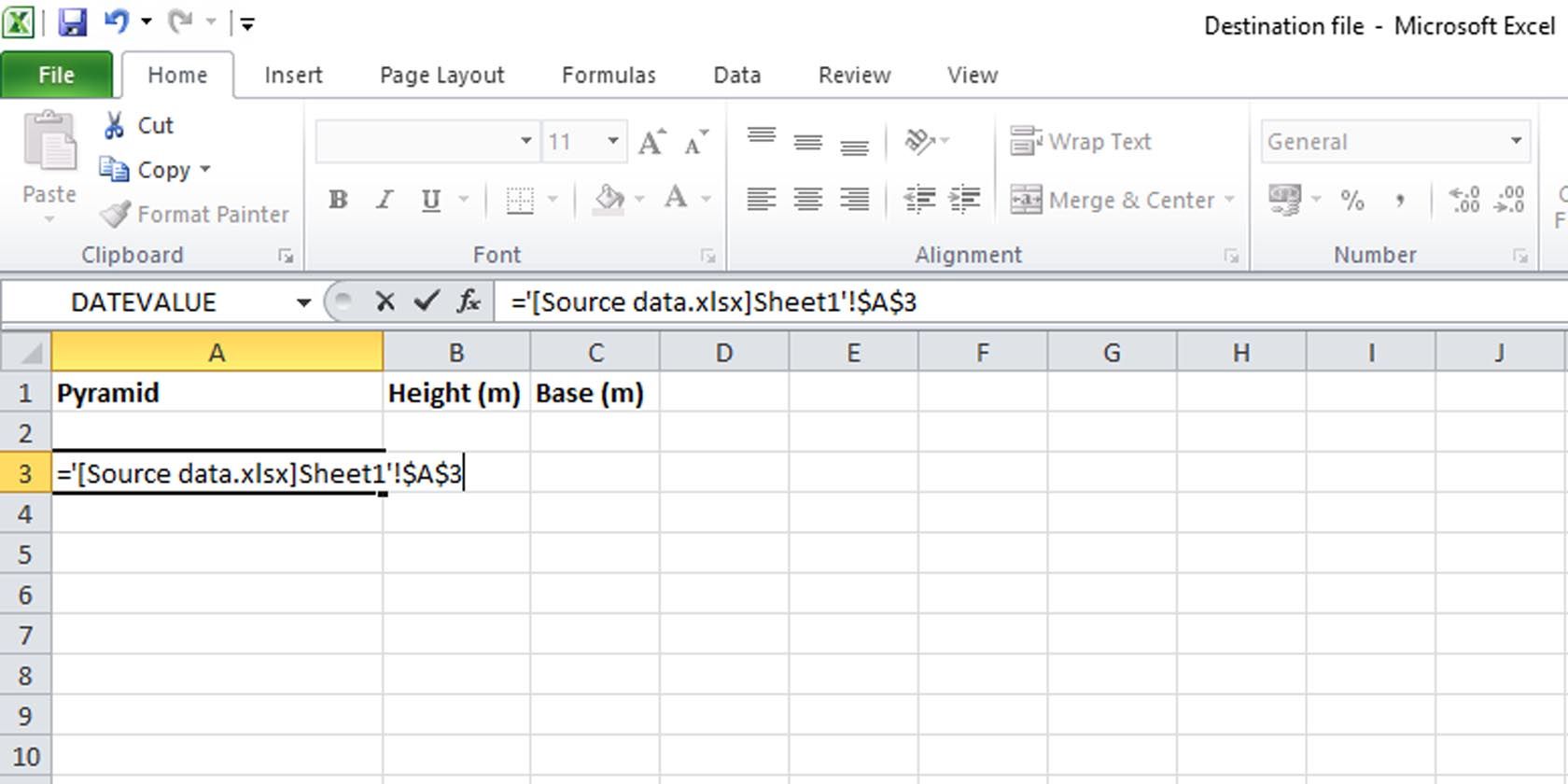 Excel destination file for data to be imported