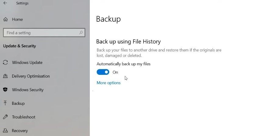 Drive Connected to Automatically Back up the Files in Windows 10 Settings App's Recovery Backup option