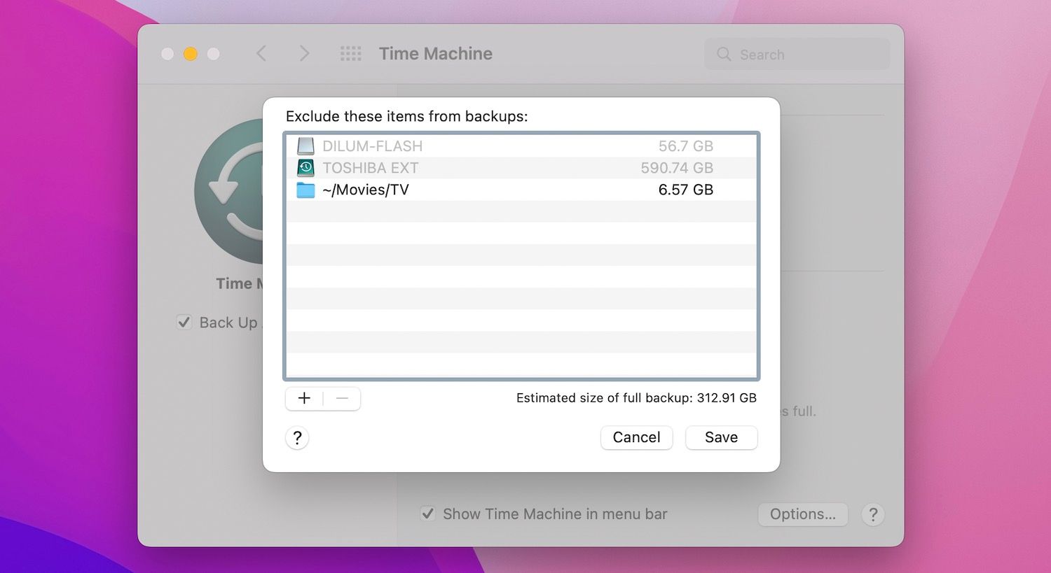 Time Machine's exlucsions list on Mac.