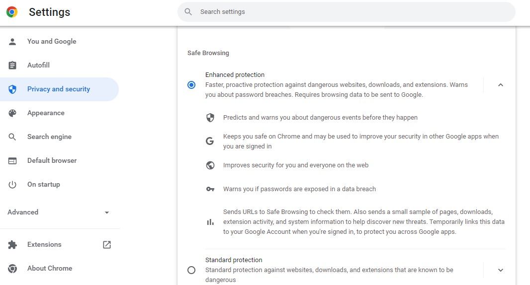 Enabling Enhanced Protection in Chrome Security Settings
