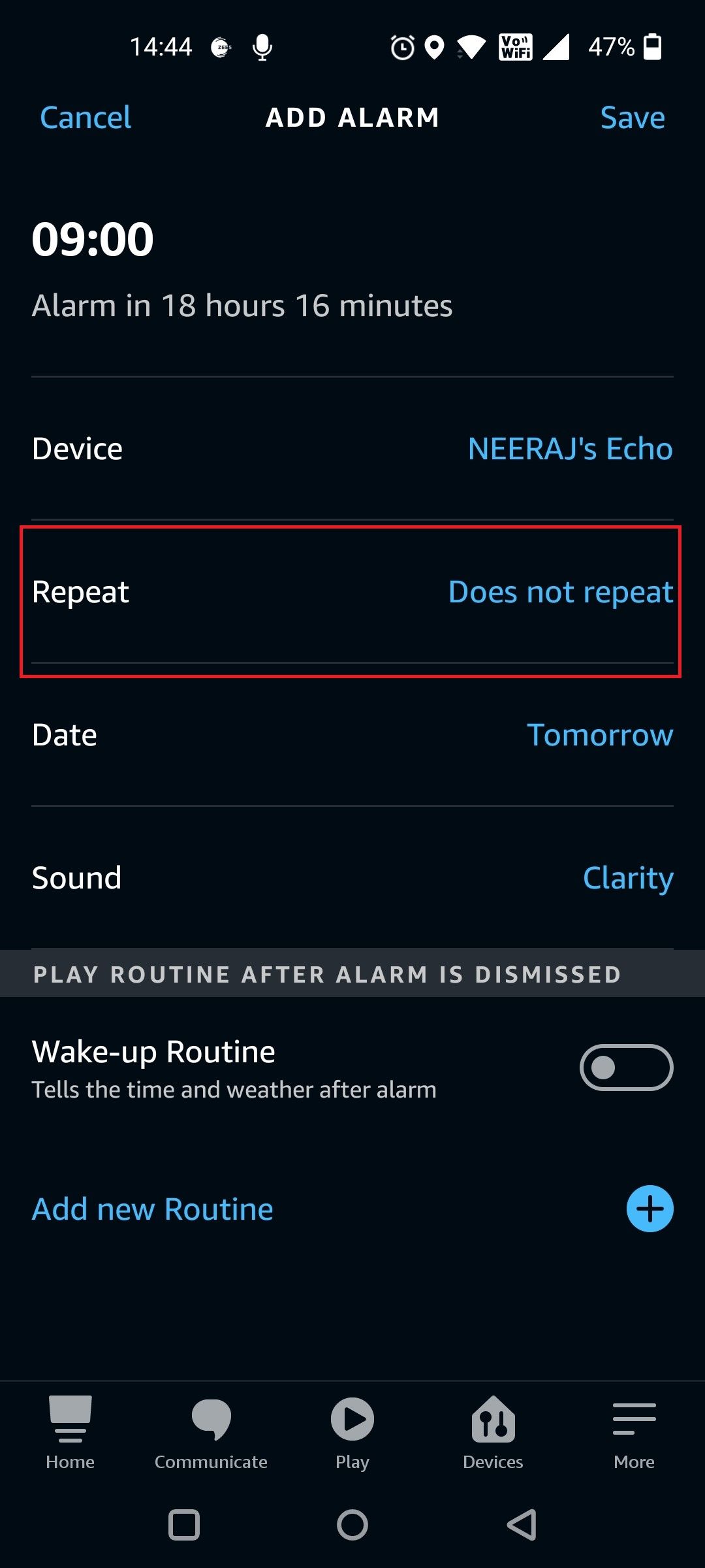 Select Repeat to Set Repeating Alarm on Alexa App