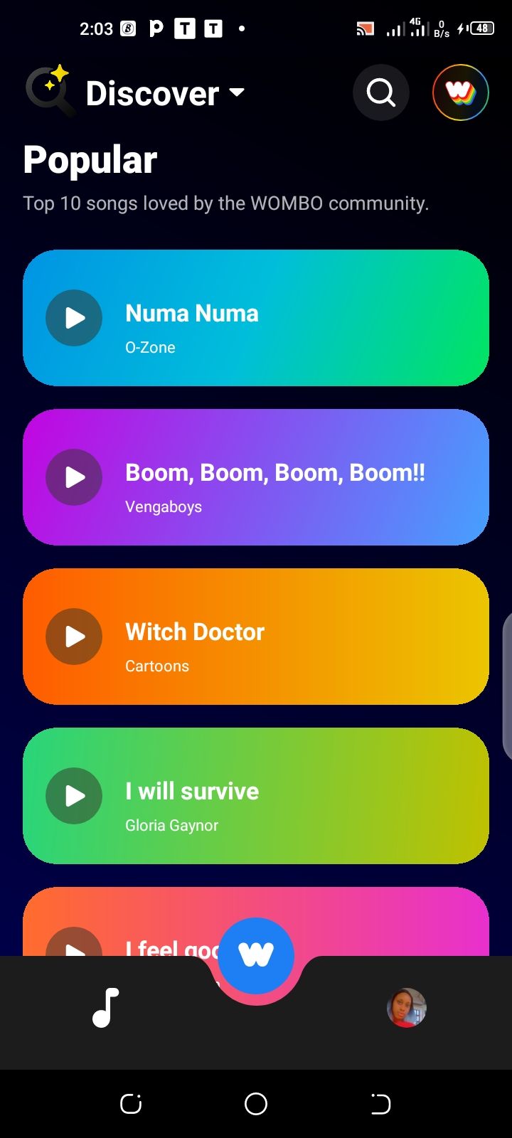 Some available songs on the Wombo app