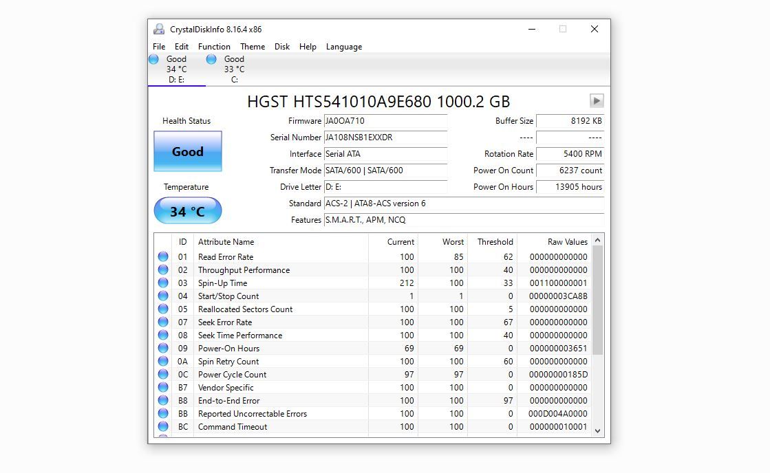 Checking the Hard Drives Health in Crystal Disk Info Tool in Windows 10
