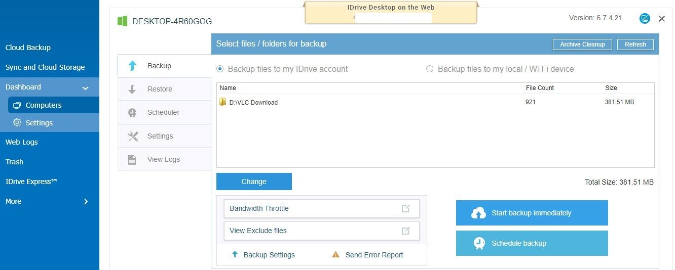 Choosing Files to Backup in iDrive Dashboard