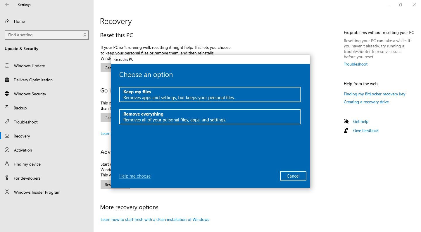 Resetting PC in Windows Settings App