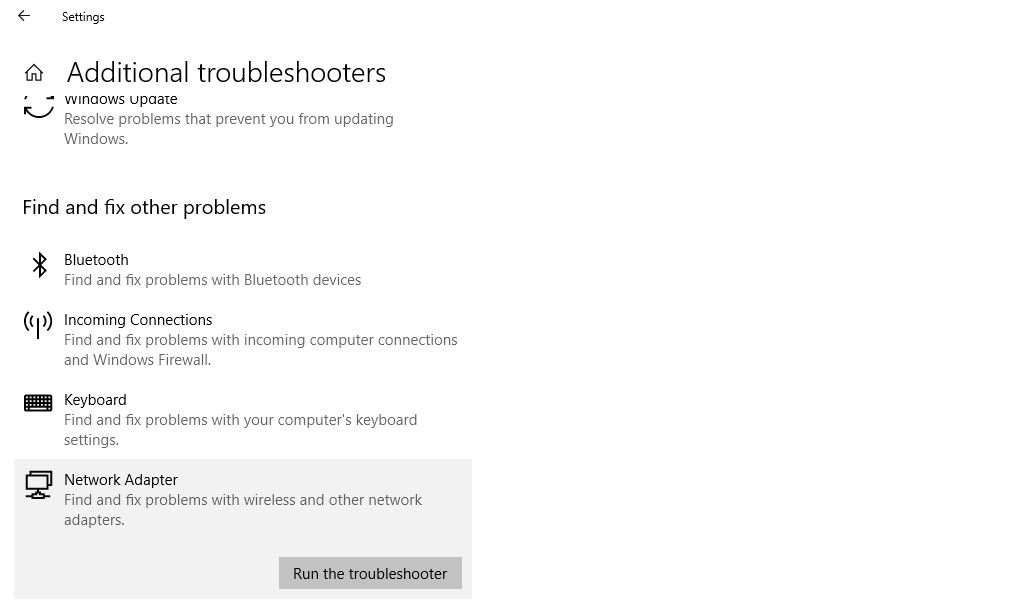 Running Network Adapter Troubleshooter in Windows 10 Settings App