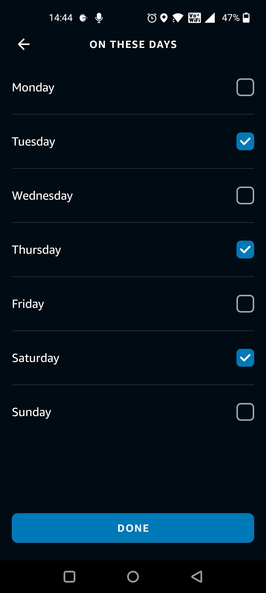 Select Days of the Week for Repeating Alarm