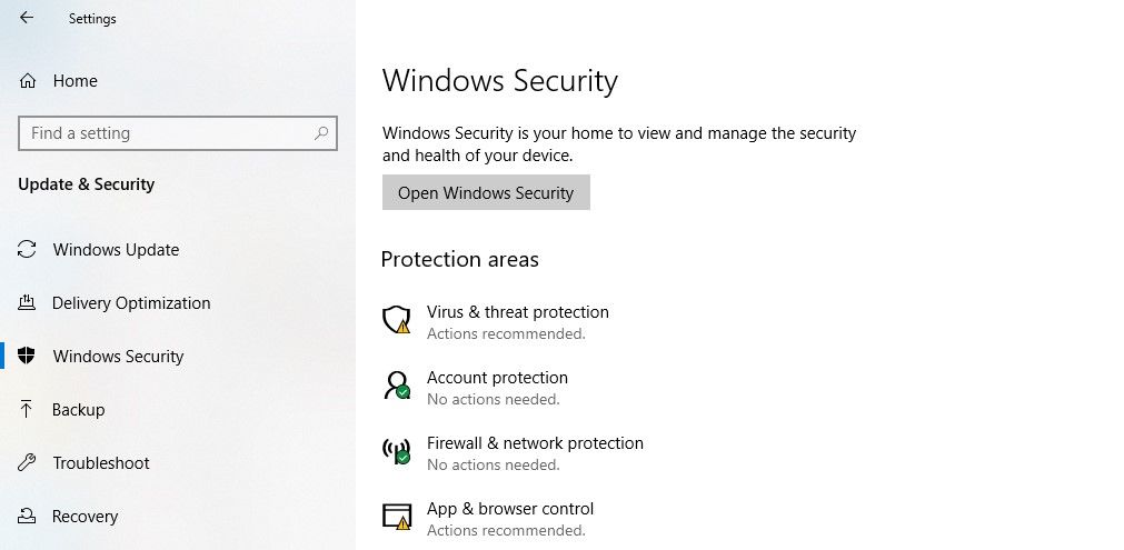 گزینه فایروال و محافظت از تهدید در تنظیمات ویندوز در ویندوز 10