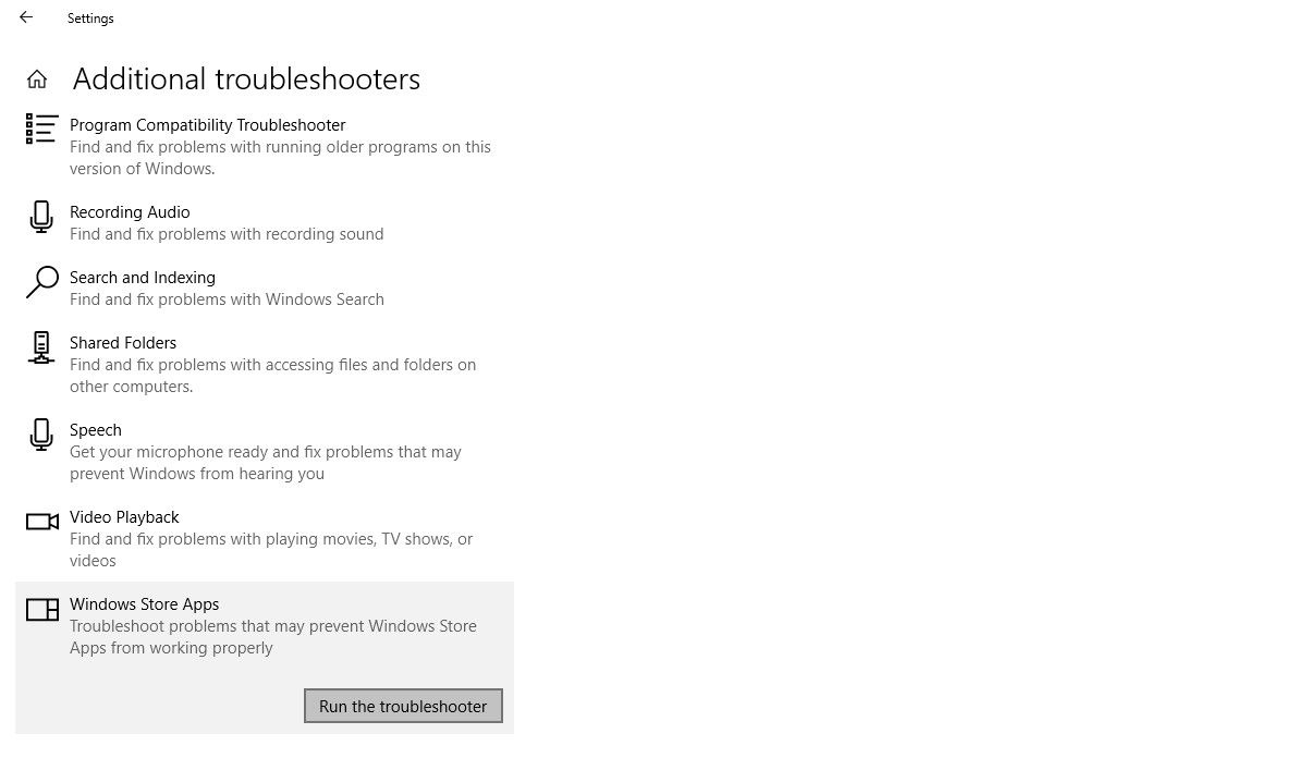 Running the Windows Store Apps troubleshooter in Windows 10 Settings App