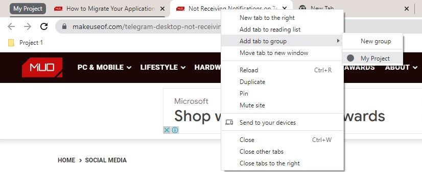 Adding a New Tab to the Tab Group in Chrome