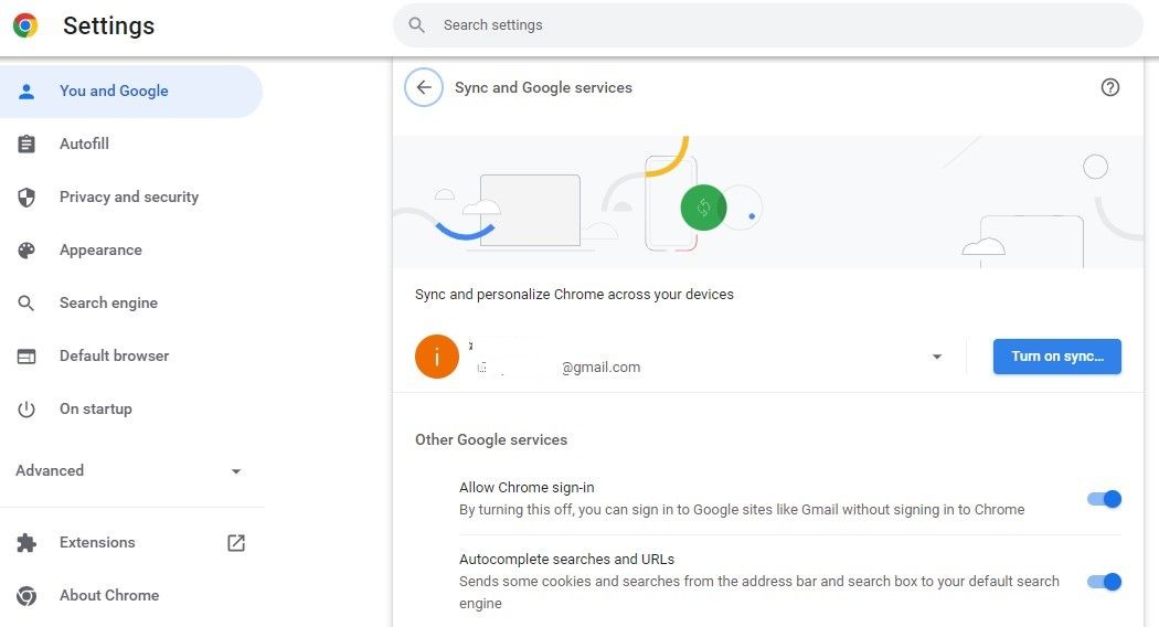Turning on Sync in Chrome