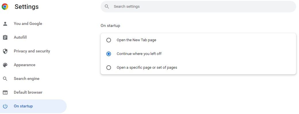 Enabling Continue Where You Left Off in Chrome Settings