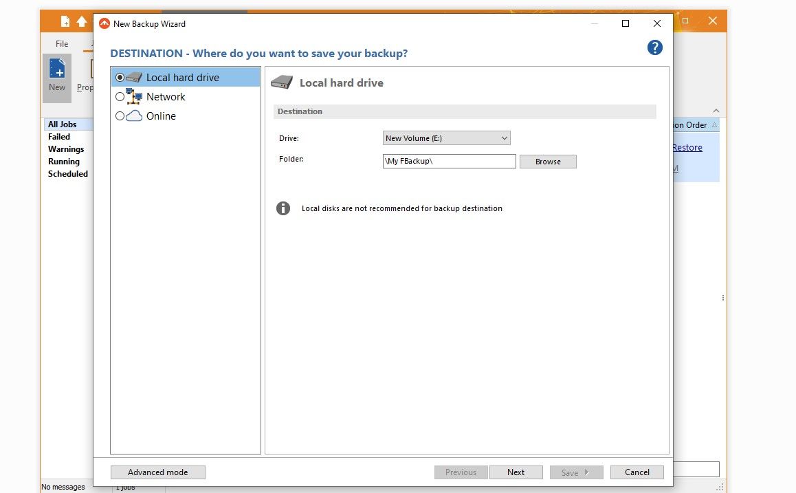 Selecting the Destination For Saving the backup in FBackup Wizard