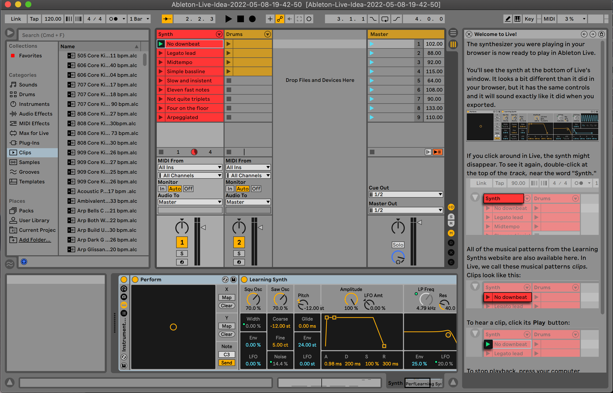 Visual of Learning Synths export opened in Ableton Live