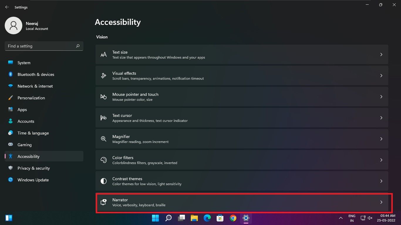 Select Narrator in Accessibility Settings on Windows 11