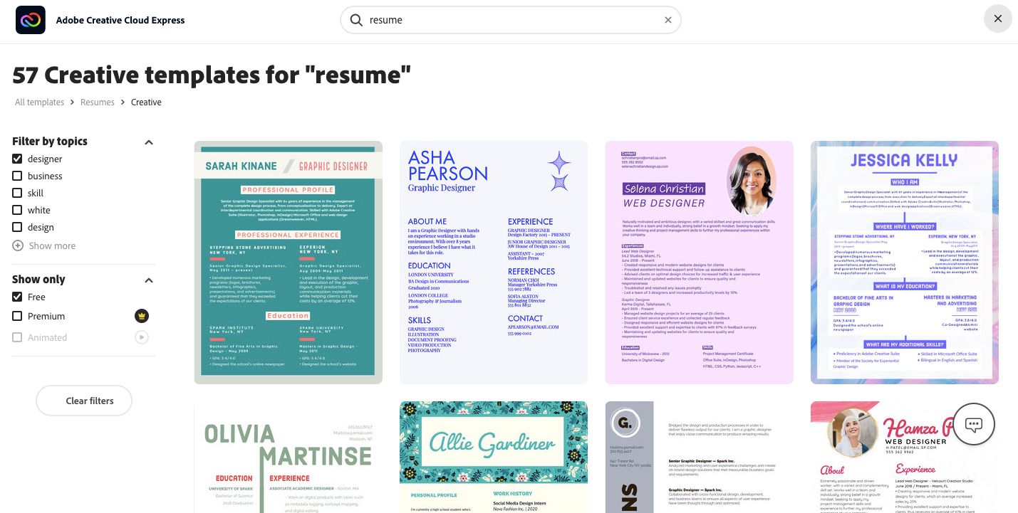 Adobe Express Free Resume Templates with Filters