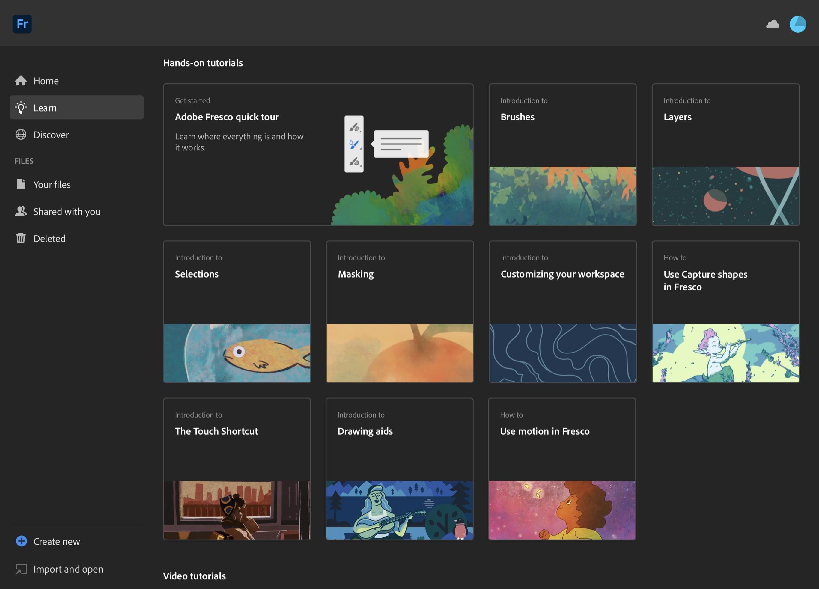صفحه Adobe Fresco Learn آموزش های مختلف و یک گشت و گذار سریع از برنامه را نمایش می دهد