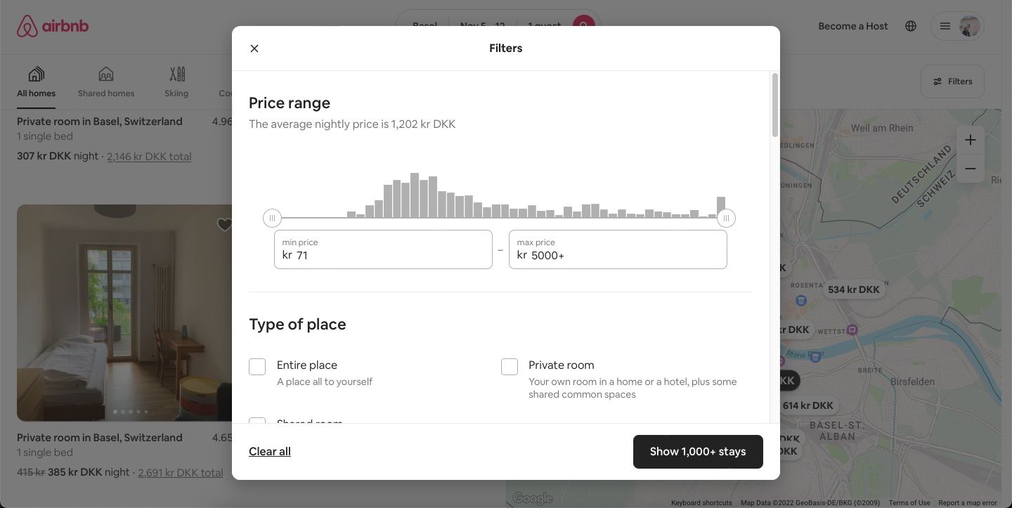 اسکرین شات گزینه های مختلف فیلتر را در airbnb نشان می دهد