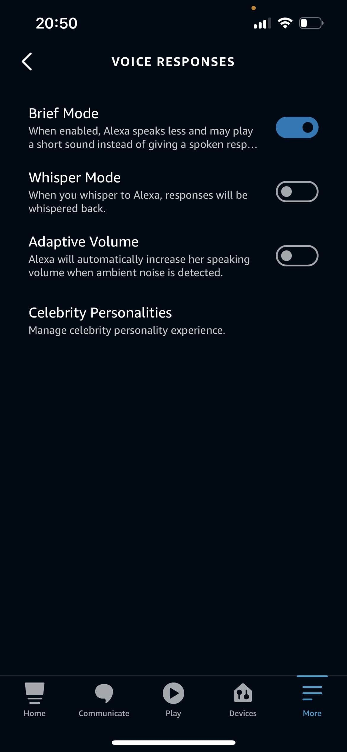 Alexa App Brief Mode selected