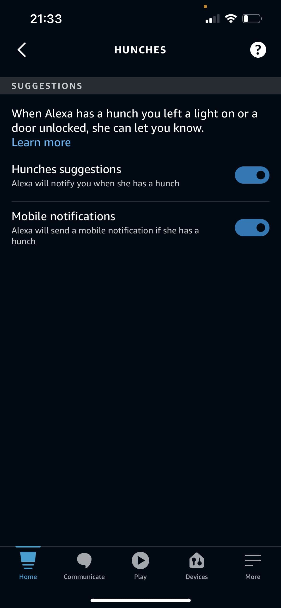 Alexa app Hunches settings