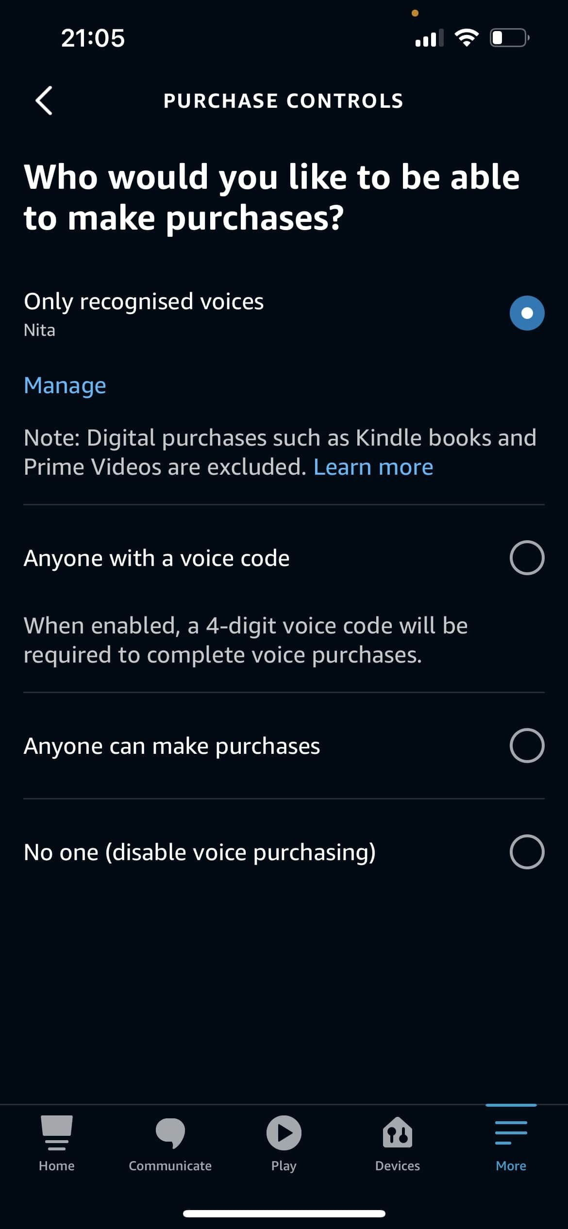 Alexa app Settings Purchase Controls