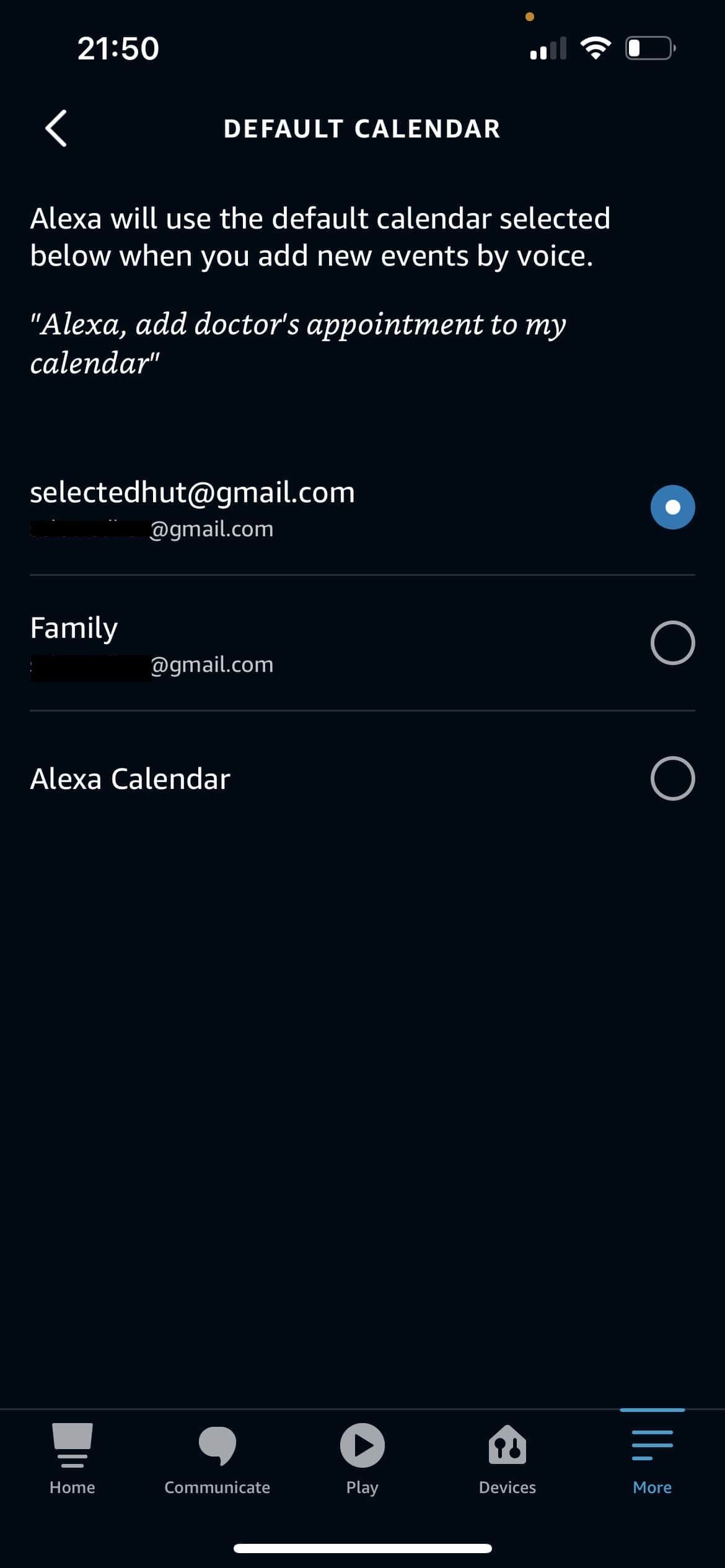 Alexa app default calendar settings