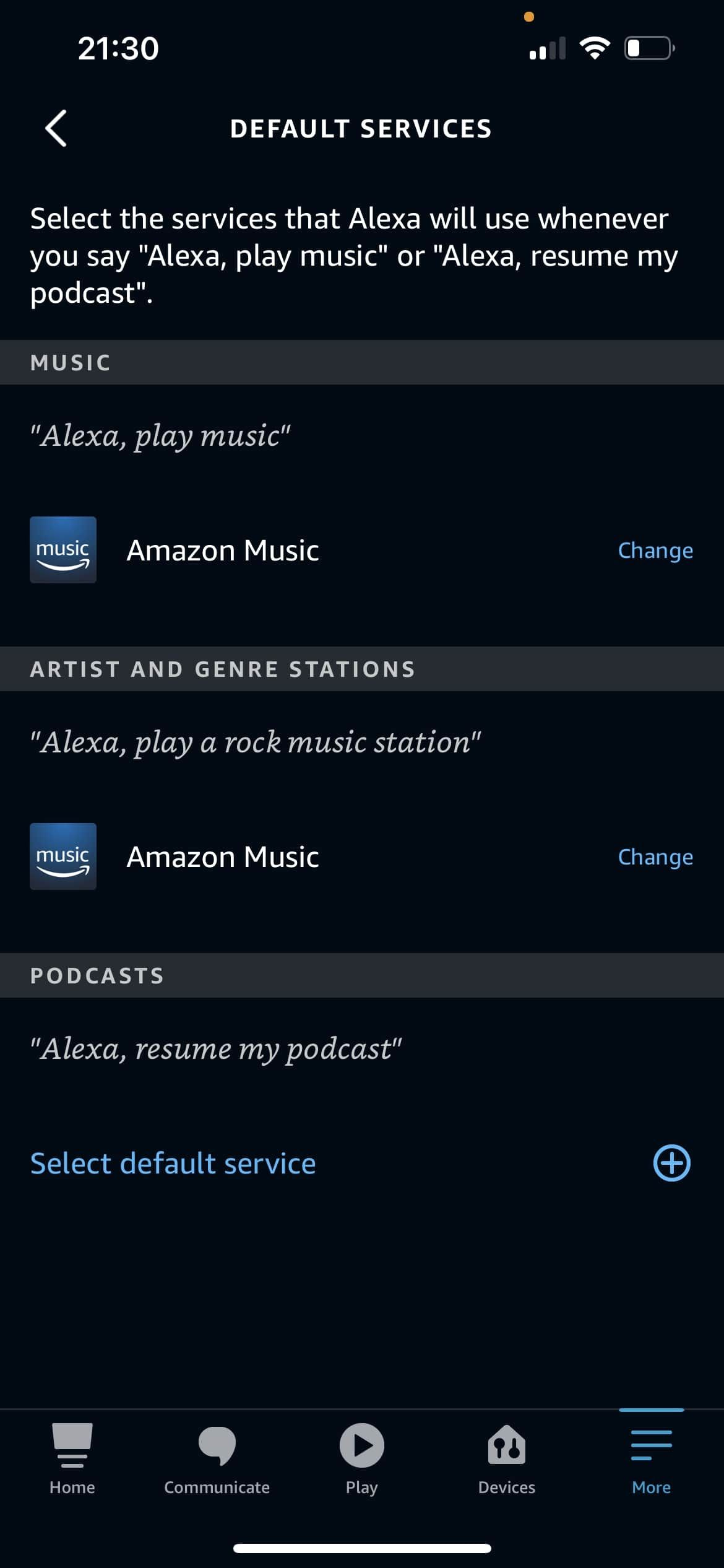 Alexa app default music services