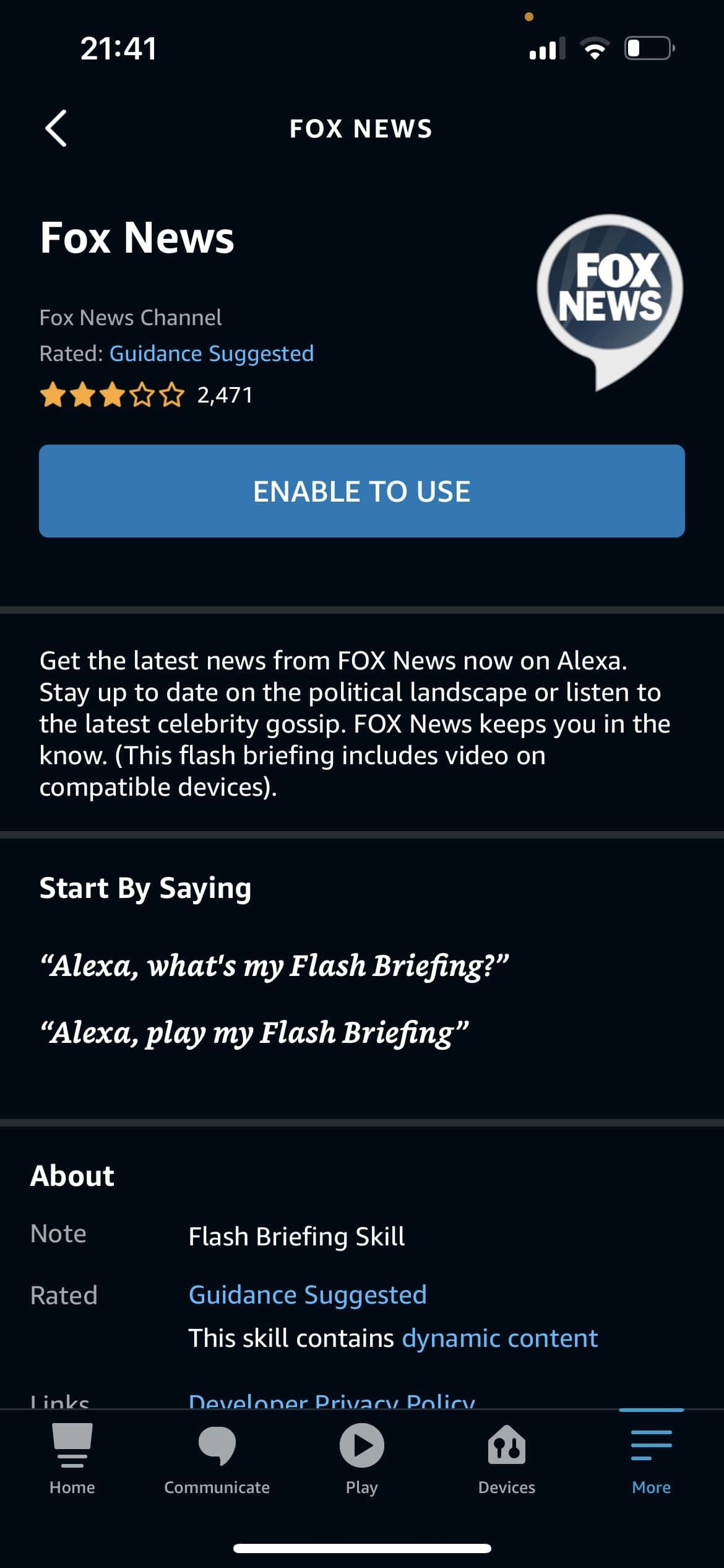 Alexa app flash briefings enable skill