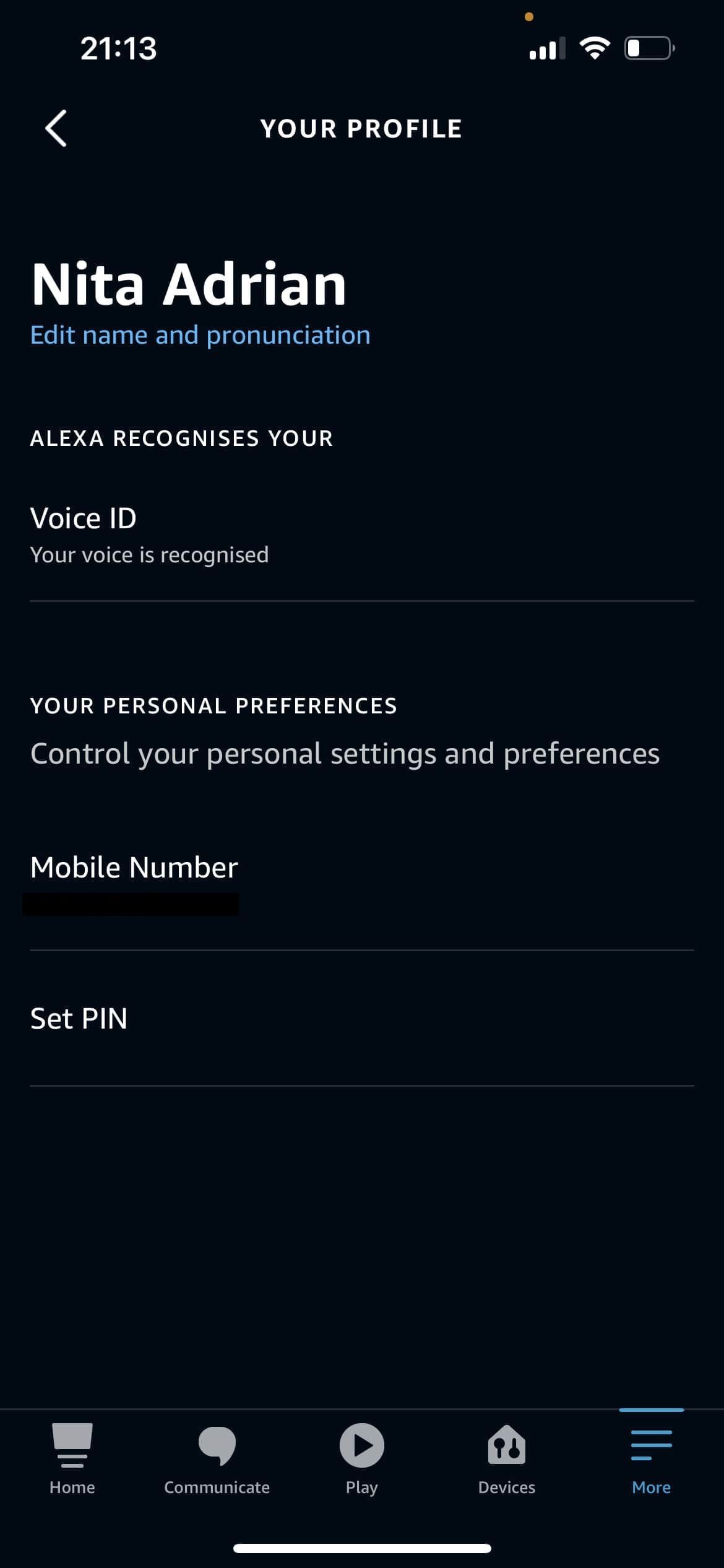 Alexa app your profile