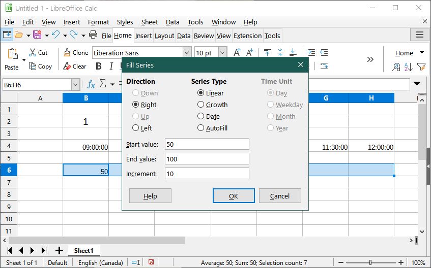 یک سری پر کردن افزایشی از اعداد در LibreOffice Calc