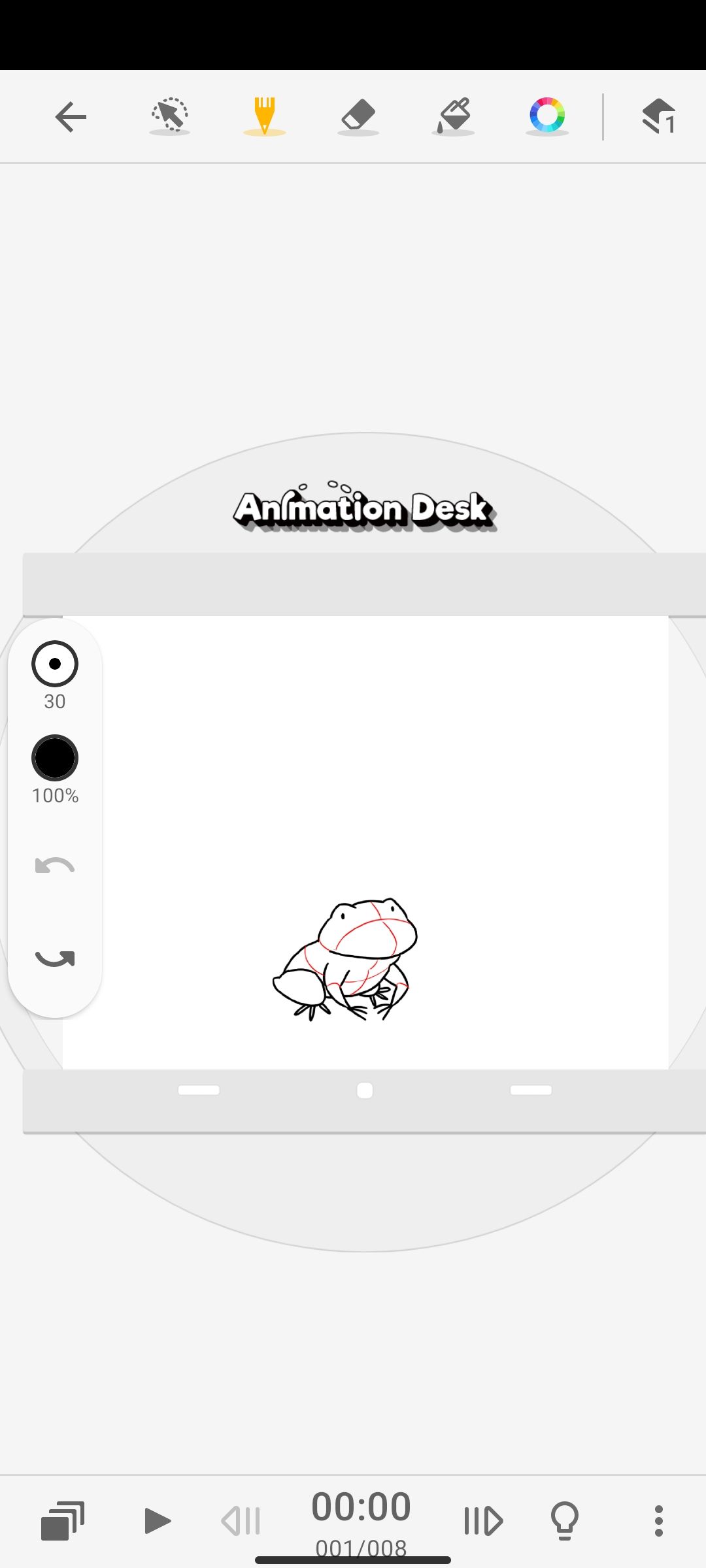 Animation Desk canvas with the drawing of a frog